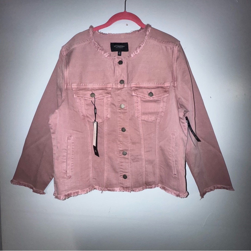 Liverpool women’s Aster‎ Mauve pink jean denim jacket Frey hem size Petite XL